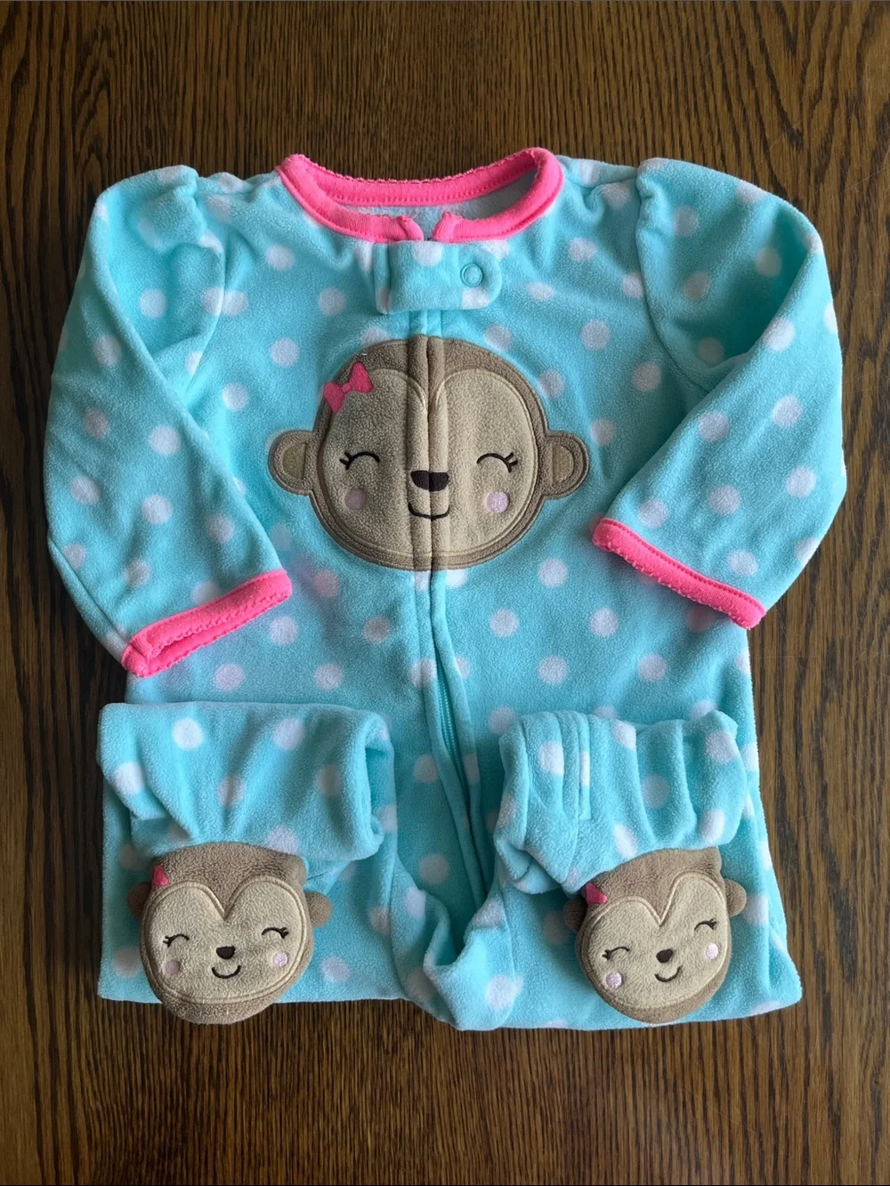Baby Girl Aqua Polka Dot Monkey Footed One-Piece with Pink Trim